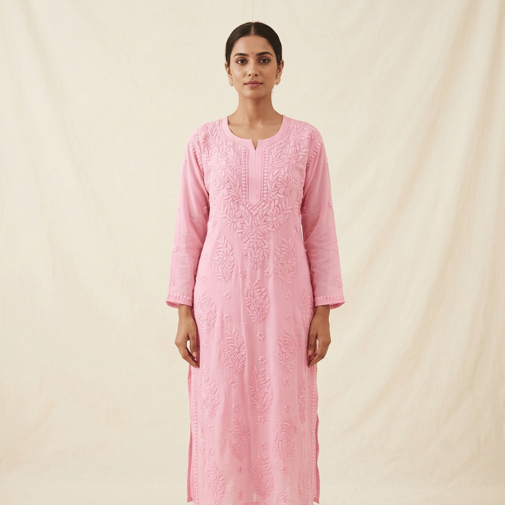 Baby Pink Hand-Embroidered Chikankari Viscose Long Kurti