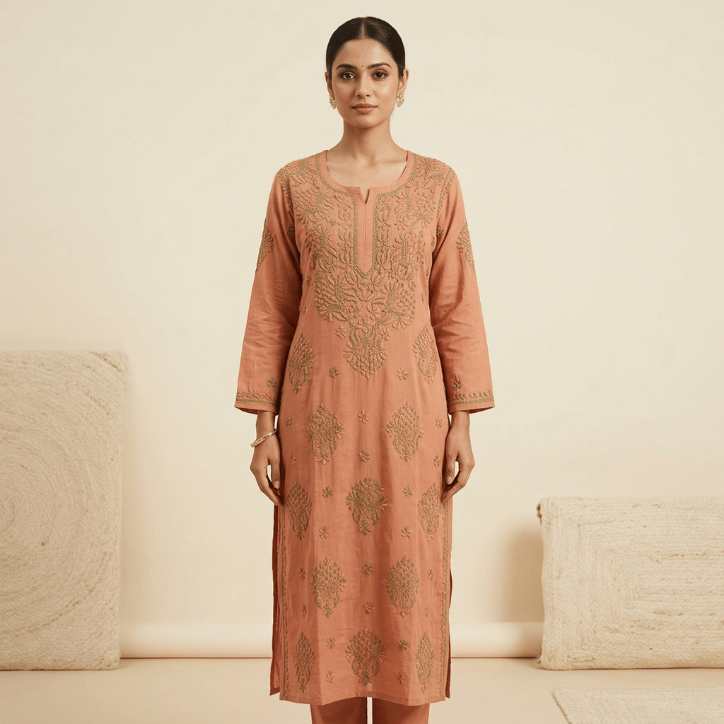 Copper Hand-Embroidered Chikankari Viscose Long Kurti