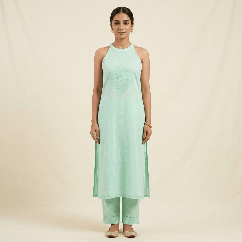Elegant Aqua Green Chikankari Halter-Neck Kurti Pant Set