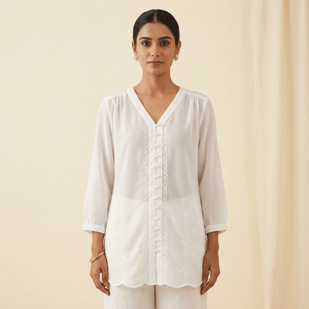 Elegant White Embroidered Chiffon Short Top