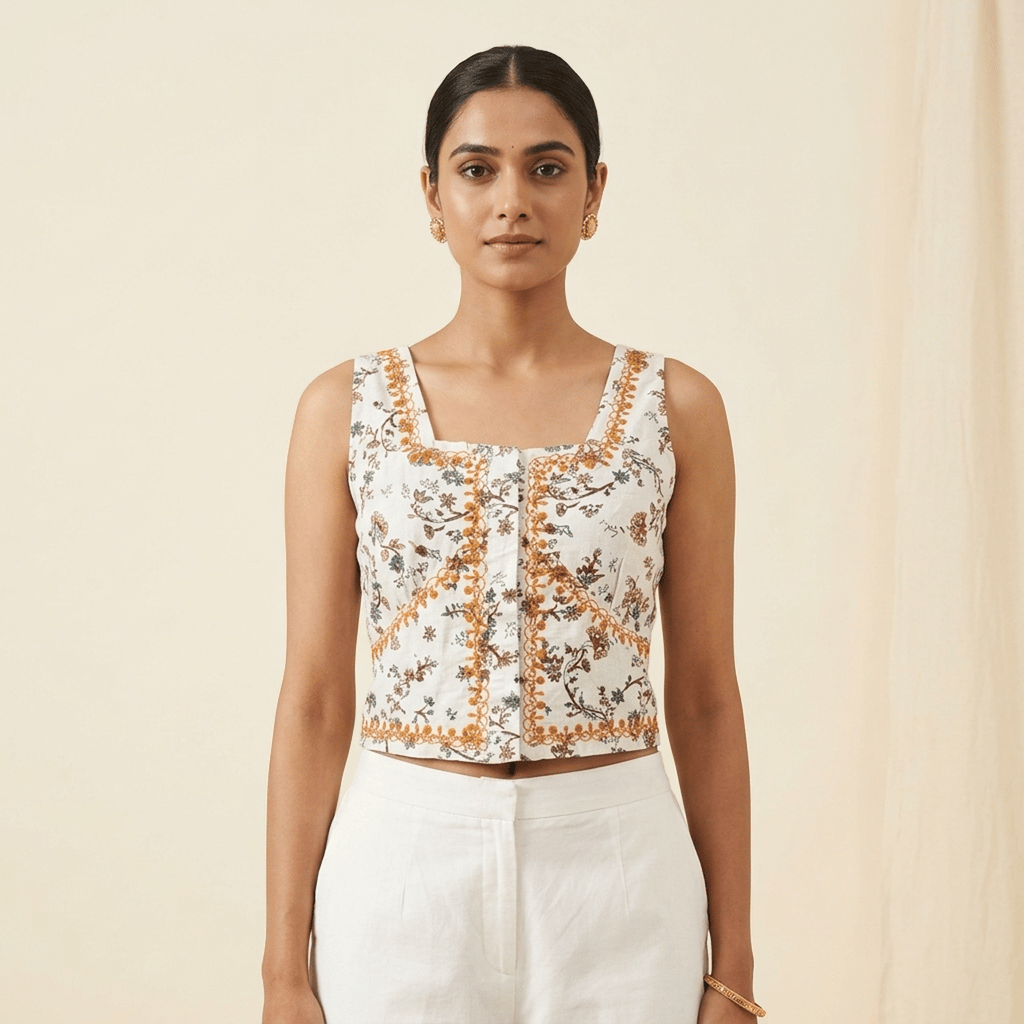 Floral Embroidered Sleeveless Chikankari Crop Top