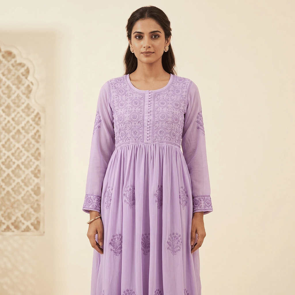 Lavender Chikankari Hand-Embroidered Star Georgette Anarkali Kurti
