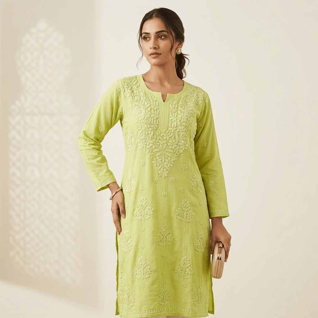 Light Green Hand-Embroidered Chikankari Viscose Long Kurti