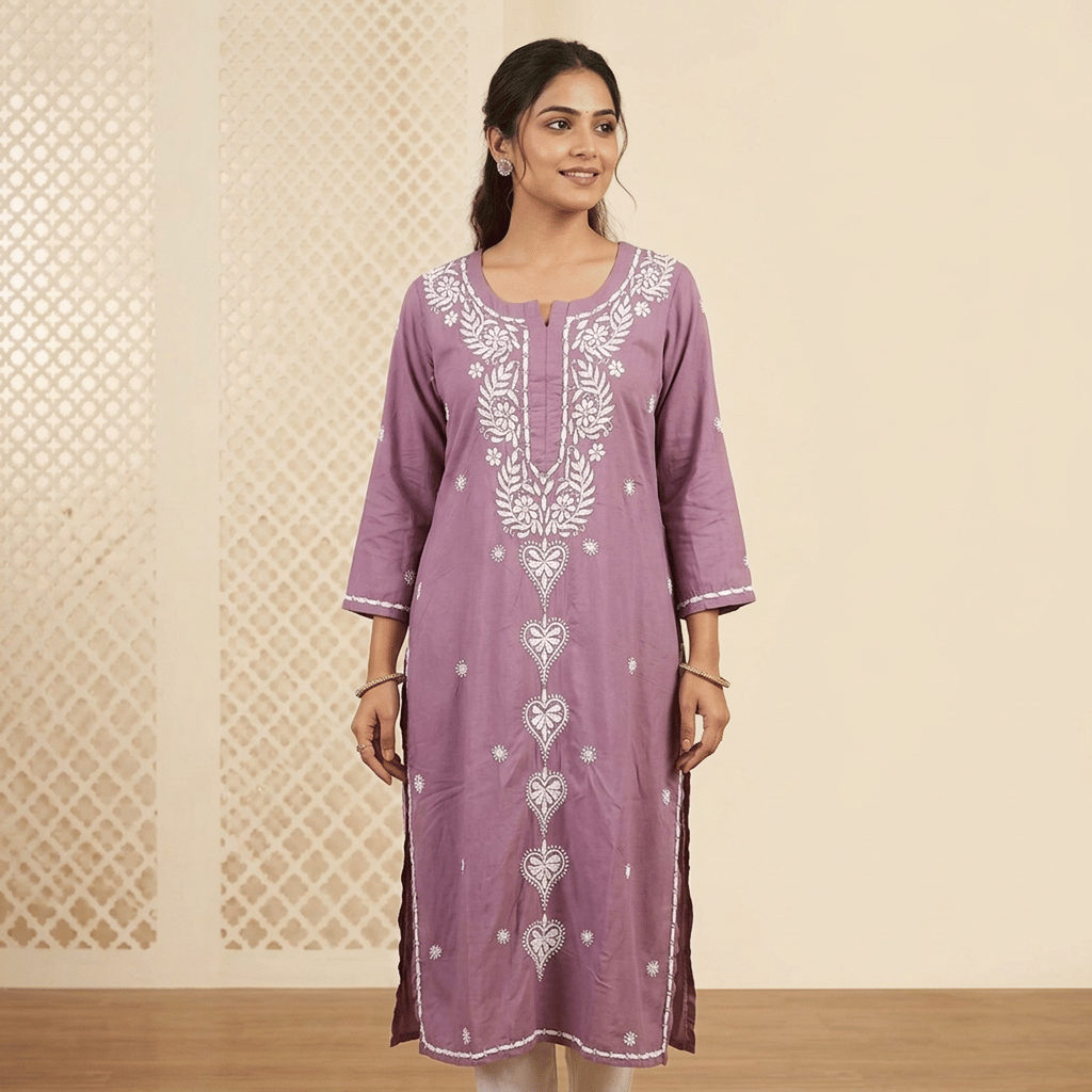 Mauve Purple Hand-Embroidered Chikankari Modal Long Kurti