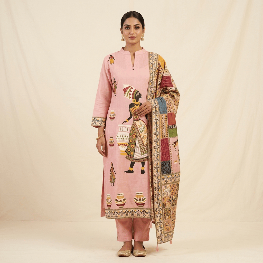 Pure Handwoven Jamdani Kurti Pant Set with Dupatta