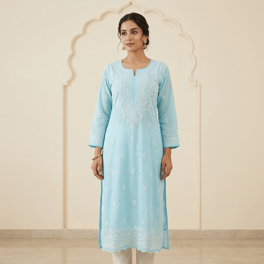 Sky Blue Chikankari Embroidered Cotton Voile Long Kurti