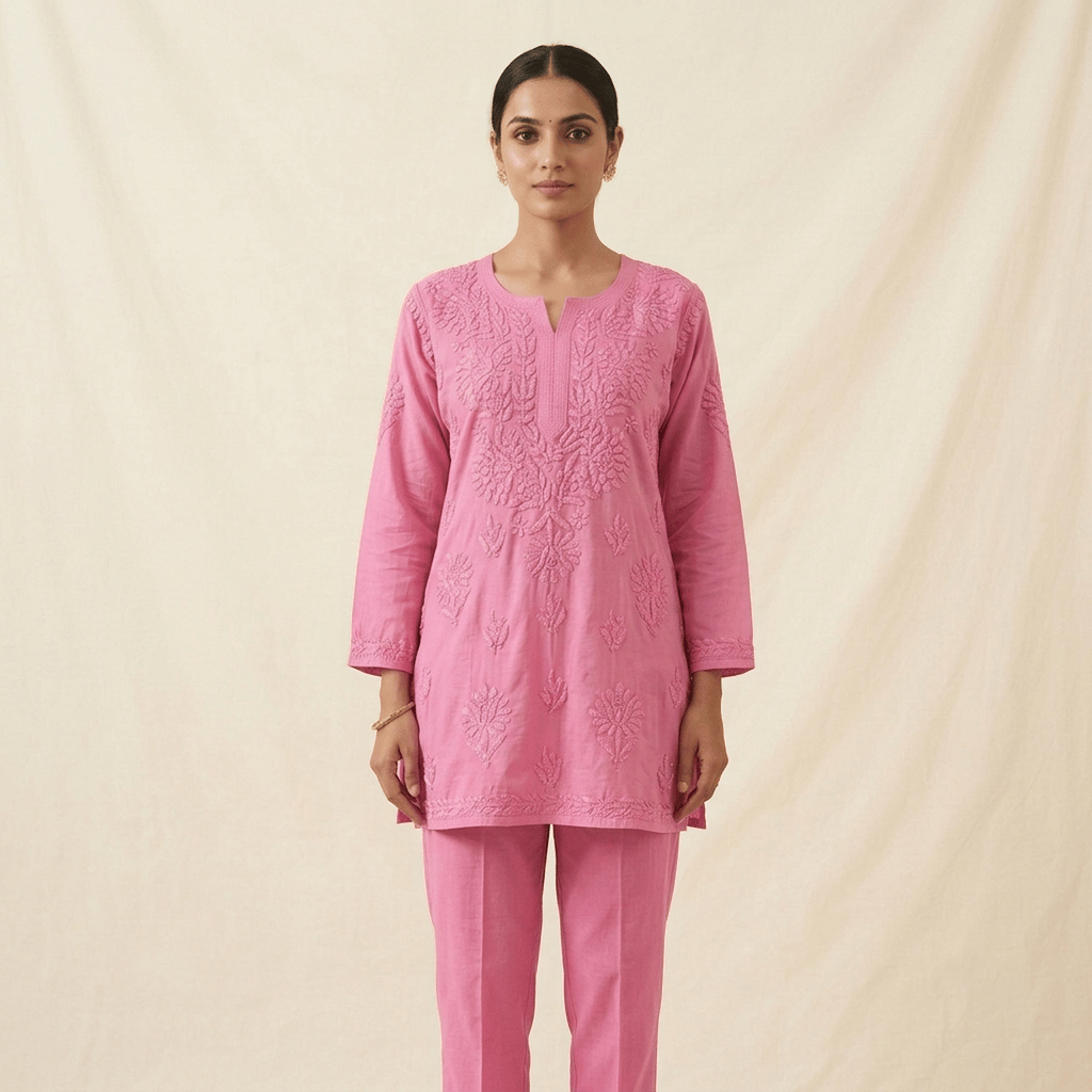 Bright Pink Chikankari Embroidered Viscose Short Kurti Top
