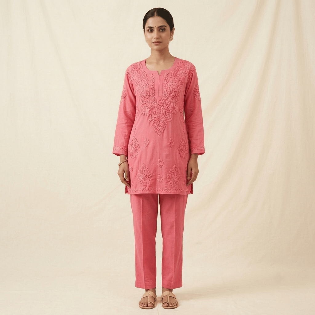 Tomato red Chikankari Embroidered Viscose Short Kurti Top