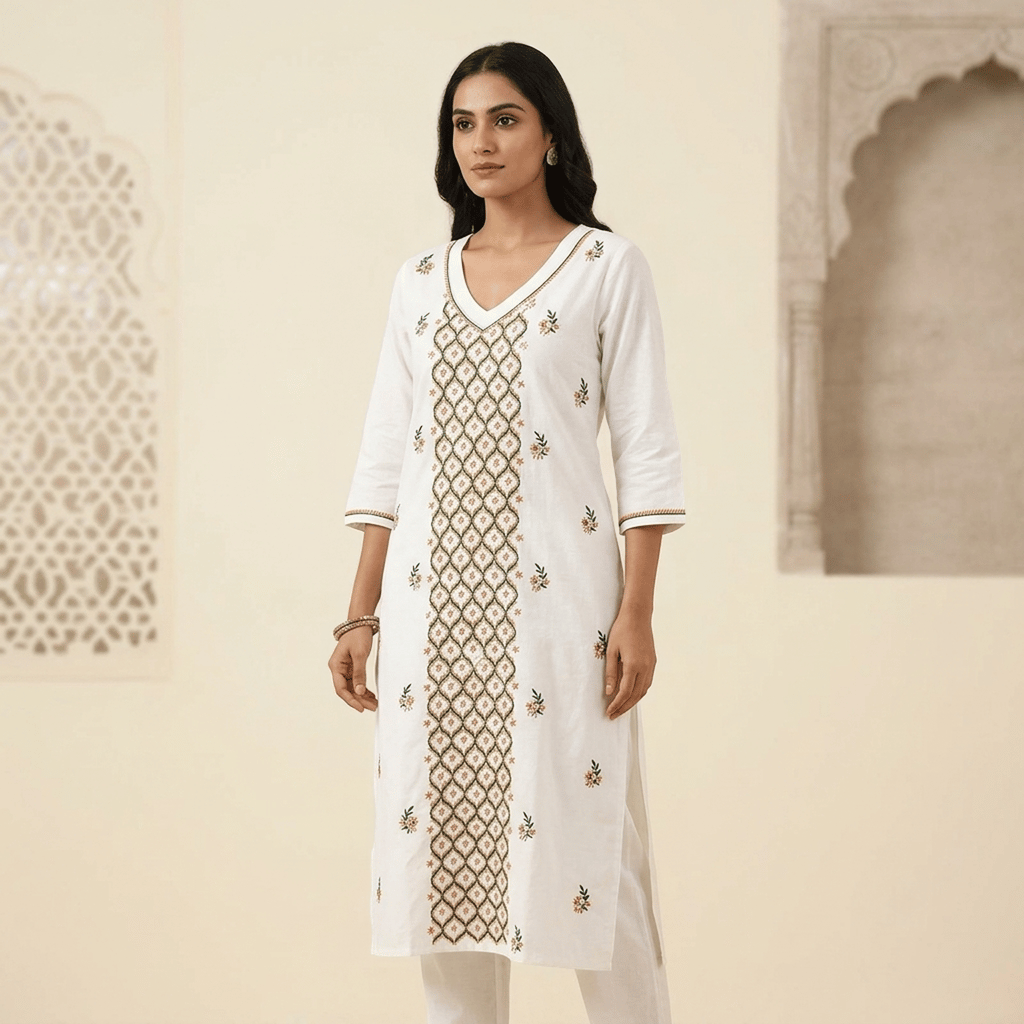 White Hand-Embroidered V-Neck